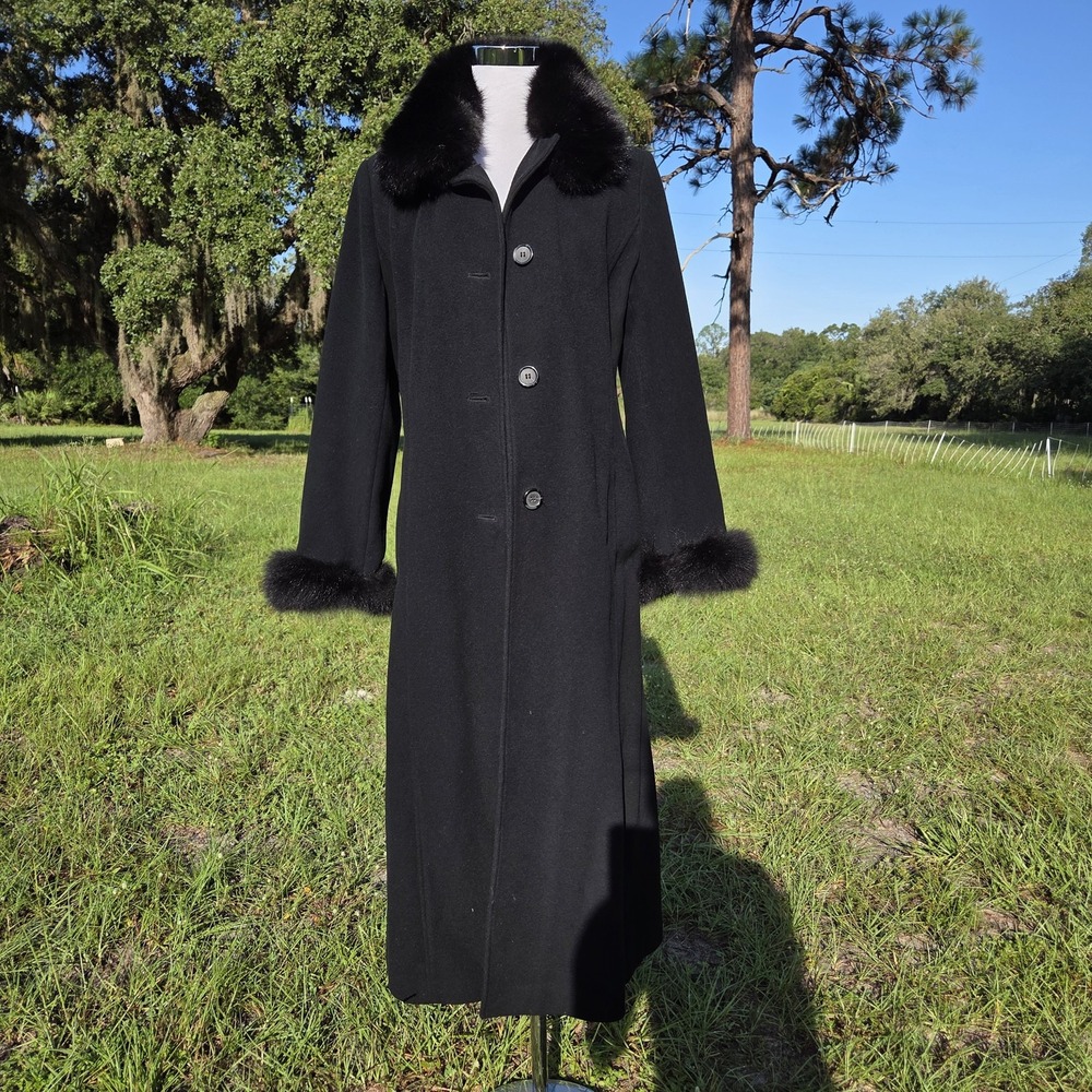 Marvin Richards Coat Womens 12 Black Wool Fox Fur Collar Cuff Overcoat Long